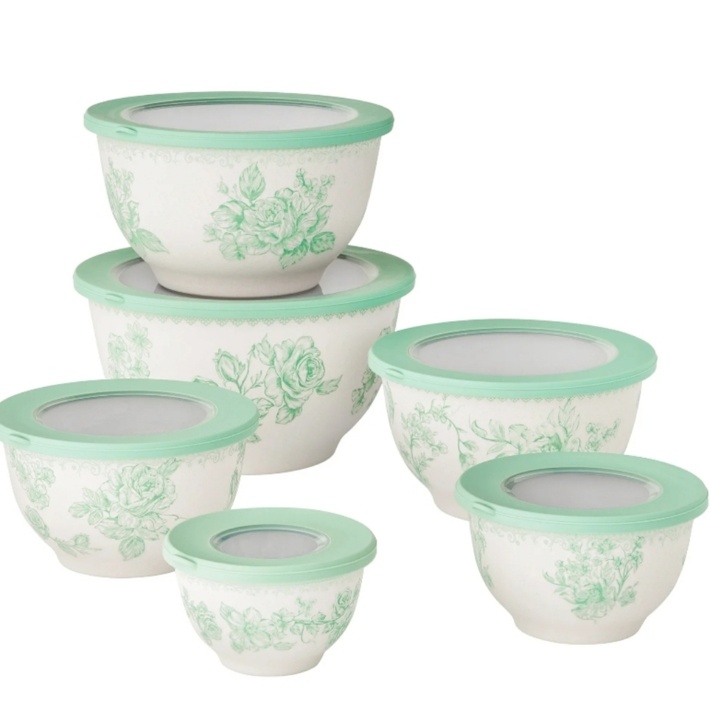 ❤️ Pioneer Woman Agatha Bamboo Melamine Green Floral Mixing Bowl Set wit…